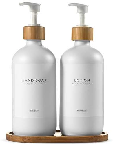 MaisoNovo Glass Hand Soap Dispenser Bathroom Set of 2-500 ml White Soap and Lotion Dispenser Set with White Bamboo Pump x 2, Bamboo Tray and Waterproof Labels