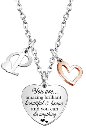 KENYG Necklace Gift for Boys Girls Heart Shape Pendant Necklaces With 26 Initial Letters,Inspirational Necklace for Daughter Niece Sistes Best Friends (P)