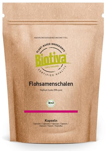Biotiva Cápsulas de Cáscara de Psyllium Orgánica - 180 Cápsulas - 700mg - Fibra dietética - Vegano, Paleo - Planago Ovato - Cáscara de Psyllium - Embotellado y controlado en Alemania (DE-ÖKO-005)