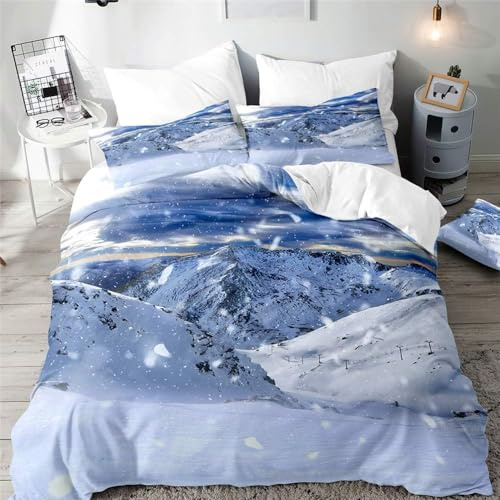 Set Copripiumino Matrimoniale 240x220 Montagna di Neve Invernale, Biancheria da Letto Paesaggio Naturale Copripiumino Stampato 3D Morbido Microfibra 3 Pezzi con 2 Federa 50x80 cm G339
