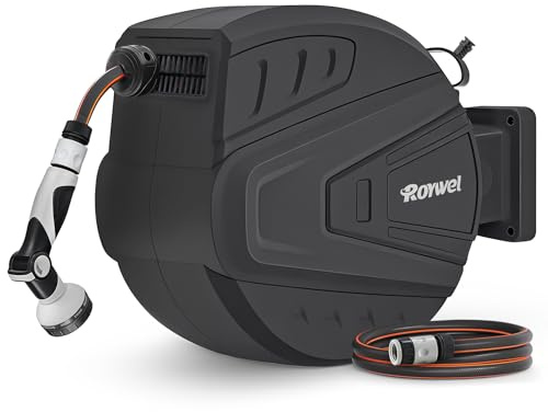 Roywel Auto Reel Garden Hose 20M，Hose Reel wall Mounted，Auto Rewind, Self-Locking System,180° Pivotal with Multifunction Spray Nozzle