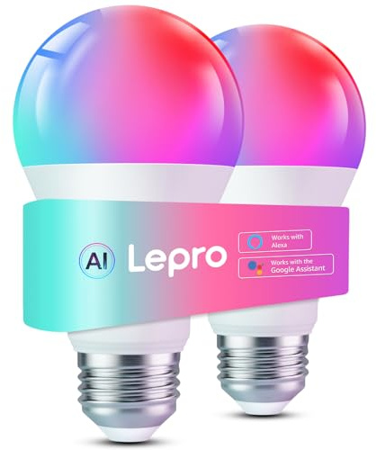 Lepro B2 AI Smart Light Bulbs - 1100LM WiFi & Bluetooth RGBWW Color Changing LED Bulb, Works with Alexa & Google Assistant, Personalized Al Lighting Designer, AI Voice Control, 2.4GHz Only, 2 Pack