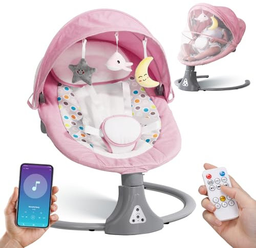 Electric Baby Swing Chair: Baby Rocker with Bluetooth Remote Control - Bouncer Chair 5 Speeds & 12 Preset Lullabies Toddler Swing with 3 Timers for Newborn Boys & Girls (Pink)