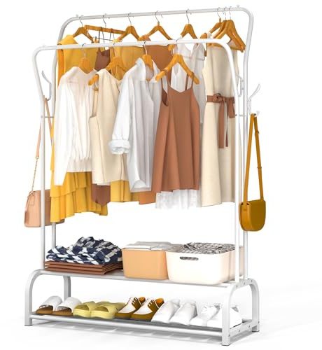vounot® Portant à Vêtements avec Double Étagères à Chaussures et 4 Crochets Latéraux Penderie Vêtement Robuste en Métal pour Chambre Dressing et Entrée 110x35x146cm Blanc