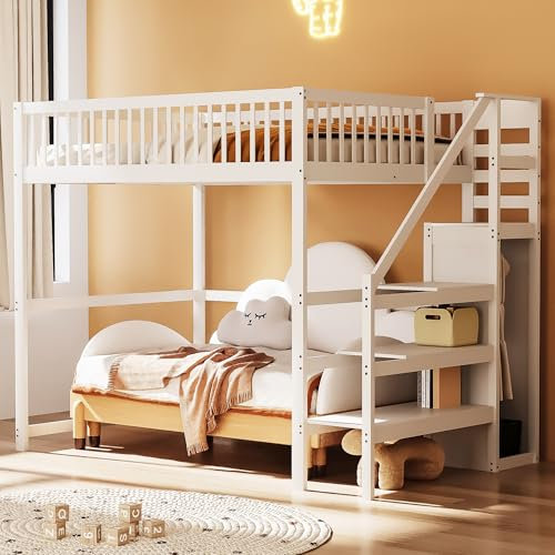 Zenespaoox Hochbett Kinderbett 140x200 cm mit Stauraum und Kleiderschrank, Einzelbett Holzbett mit Treppe und Lattenrost, Bettgestell aus Kiefernholz, für Jugendliche und Kinder, Ohne Matratze, Weiß
