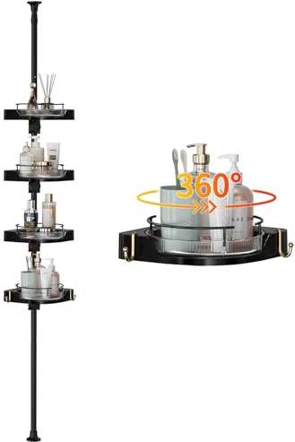 akinbas Shower Caddy Tension Pole with 4 L-Lazy Susan Organizer 360 Rotating 35-128 Inch No Drilling Floor Standing Shelves Adjustable Shower Rack for Bathroom Corner (Black)