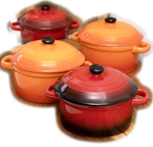 Ombre Stoneware Mini Casserole Dishes 300ml Set of 4 Red Orange Oven Safe Lidded Pots