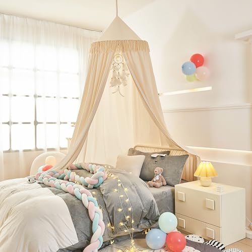 Bed Canopy with Tassels, Bed Canopy for Girls Kids Princess Round Dome Children Dreamy Mosquito Net Reading Nook Decoration (Ivory)