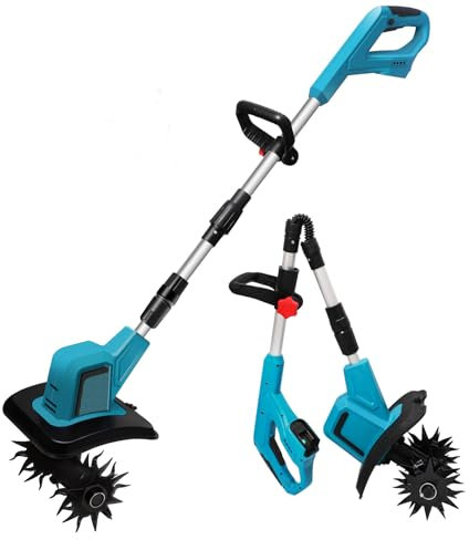 Motobineuse Électrique sans Fil,21V Portable sans Brosse Motoculteur,360RPM,Manche Amovible,Largeur/Profondeur de Travail 20/15cm,15cm Tête de Couteau Double,Cultivateur pour Potager (sans Batterie)