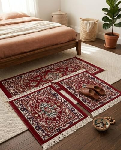 Italia Magazzini Set 3 Tappeti Forma Rettangolare Camera Letto Scendiletto Persiano Con Frange (Rosso)