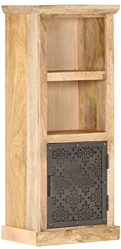 Buffet haut avec porte, 45 x 32 x 110 cm, en bois massif de mangue, acier revêtu par pulvérisation, armoire de salon avec étagères, buffet noir pour livres, magazines et articles de décoration