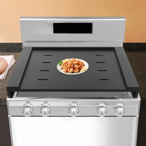 ROMYIX Pine Wood Stove Cover with Handles,29.5x22 Inch Gas Hob Cover & Extra Countertop, 8 Heat Dissipation Holes, Raised Edges for Kitchen, Baking, Serving Tray & Decorative Stand