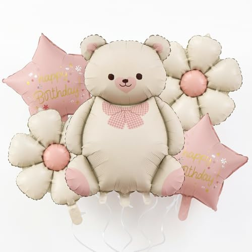 5Pcs Bear Foil Balloons for Birthday Party (Pink & White Bear Flower Star)