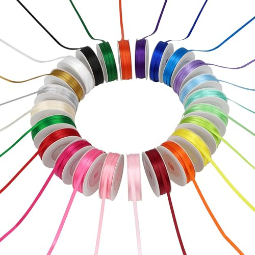 Kryvus Satin Ribbon Set - 24 Colors Double Faced Ribbon, 3mm x 15.5M Each | 373 Meters Total, Thin Polyester Ribbons for Gift Wrapping, Hair Bows, DIY Craft, Invitation Cards, Birthday, Wedding, Party
