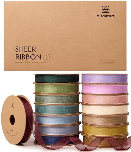 Vitalizart Nastro di Organza 0,95 cm x 137,1 m Misto 15 Colori, 15 Rotoli x 9,14 m, Nastro Decorativo per Confezioni Regalo, Lavori Manuali, Fiocchi per Alberi di Natale, Inviti di Nozze, Bouquet