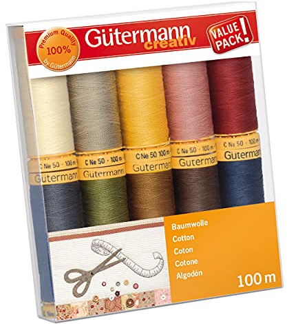 Gütermann creativ Nähfaden-Set mit 10 Spulen Baumwolle 100 m in verschiedenen Farben, Mehrfabig, 100x118x22 mm