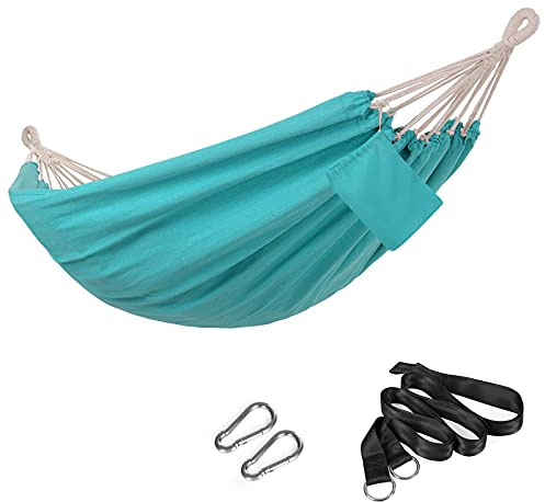 SONGMICS Hamaca, 210 x 150 cm, Hamaca Doble, Carga de 300 kg, para Jardín, Terraza, Balcón, al Aire Libre, Camping, Bolsa de Transporte, Correas de Fijación y Mosquetones, Azul GDC15BU