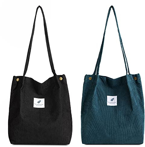 Makukke Bolso bandolera de pana para mujer, bolso de hombro para la compra, bolso de mano para el día a día, la oficina, excursiones y la compra, 2 unidades, large, Retro