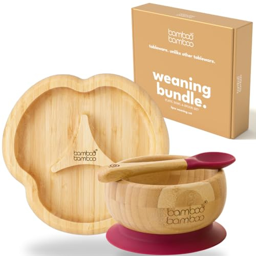 bamboo bamboo Avvänjningsset babytallrik och babyskål, tallrik och sugkopp för måltid och avvänjning, bambu fack tallrik, barnskål och babysked, från 6 månader (körsbär)