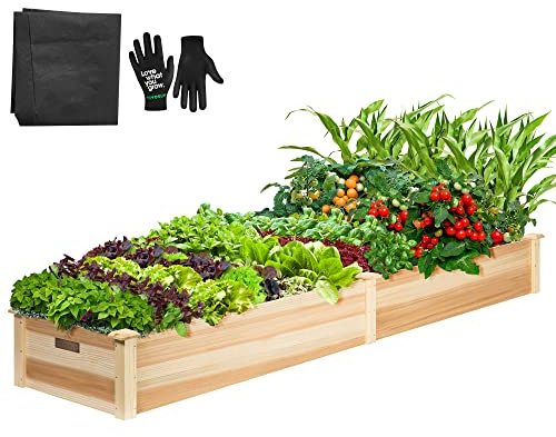 VIVOSUN 8×2Ft Wooden Raised Garden Bed, 97 x 25 x 11 Inches, Outdoor Wood Planter Box with Gloves and a Liner for Garden, Patio, Balcony, Backyard and Outdoors