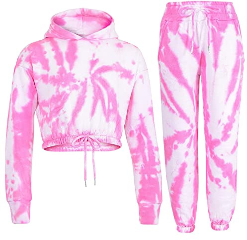 A2Z 4 Kids Girls Tie Dye Tracksuit Crop Hooded Sweatpants - T.S 314 Tie Dye Pink 9-10