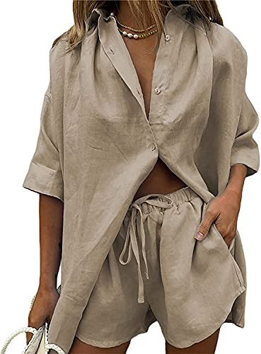 Siyova Completo da Donna in Cotone e Lino Tinta Unita Camicia con Bottoni a Mezza Manica + Pantaloncini con Coulisse Completi Estivi Casual 2 Pezzi (Cachi, L)