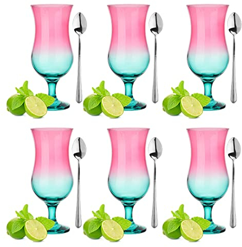 Glasmark KROSNO 1992 Juego De 6 Vasos De Pie Para Cócteles En Vidrio Transparente Para Zumo Agua Soda Rosa Turquesa Colorful 420 ml Con Cucharillas