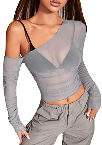 LOFAAC Women Sexy Mesh Sheer See Through Long Sleeve Crop Tops Slim Fit Ruched Off Shoulder Crop Blouse Tee Top Clubwear(S,US,Women,Gray)