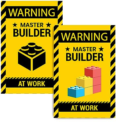 2 Pcs Wall Decor Poster Warning Master Builder at Work Sticker, Vinyl Print Building Block Bricks Door & Room Caution for Brickbuilders, Small(7”x10”)