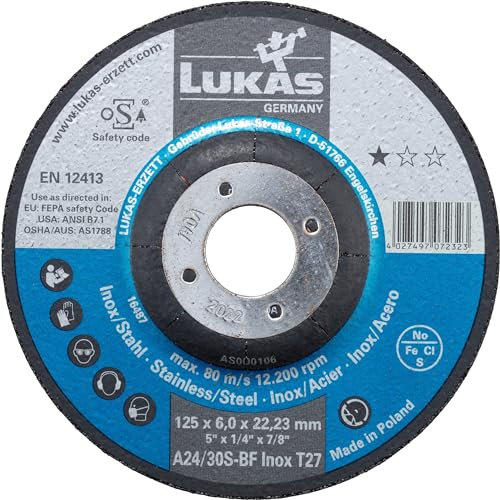 LUKAS ERZETT 10 discos de desbaste T27 para acero inoxidable 125 x 6 mm, para amoladora angular, A24/30S-BF, 13 x 13 x 9 cm