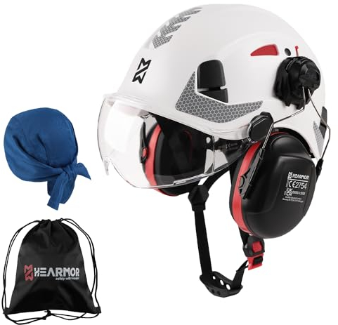 HEARMOR Schutzhelm mit Gehörschutz und Visier, EN 397 Zertifizierter Belüfteter Arbeitshelm, 6-Punkt-Aufhängung, Ideal für Industrie und Baugewerbe, Weiß