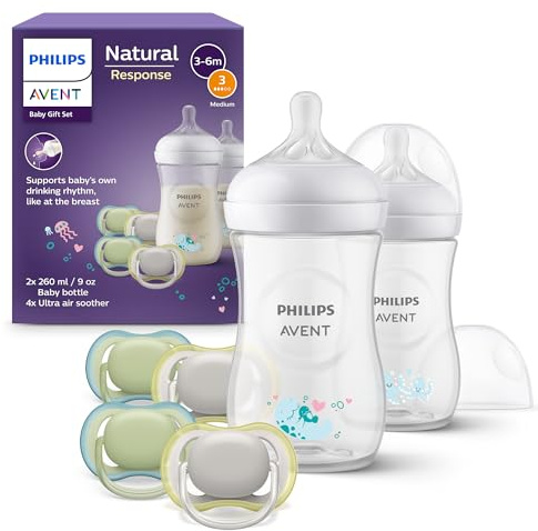 Philips Avent Natural Response - Set de regalo para bebés: 2 biberones Natural Response de 260 ml con tetinas T3 (para bebés de 1 mes o más) y 4 chupetes Ultra Air (modelo SCD837/13)