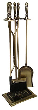Set di Attrezzi per caminetto Resistenti, Set di Attrezzi per caminetto in Ferro battuto in Ottone da 5 Pezzi con attizzatoio, Pala, pinze, Spazzola, Supporto, per Camino Interno Esterno, focolare,