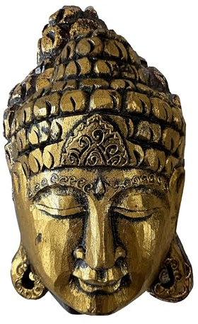 Keskin Buda, máscara de Buda, máscara de pared de madera de Buda, máscara de pared de madera, decoración de madera, hecha a mano (oro, 25 cm)