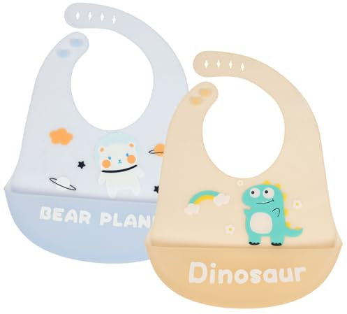 Vicloon Silikon Baby Lätzchen, 2PCS Baby Fütterlätzchen mit Auffangschale 6 Verstellbaren Tasten, BPA Frei, Babylätzchen Einfache Reinigung, Wasserdicht für Babys Jungen und Mädchen, Bär & Dinosaurier