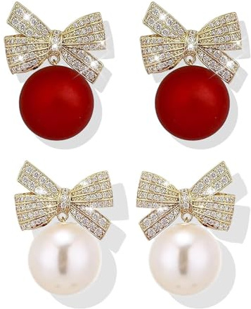 2 Paires Boucles d'oreilles de Noël pour les femmes cadeau de Noël Bow boucles d'oreilles strass Pearl Bow pour les femmes accessoires de mode bijoux de Noël bas cadeau de Noël