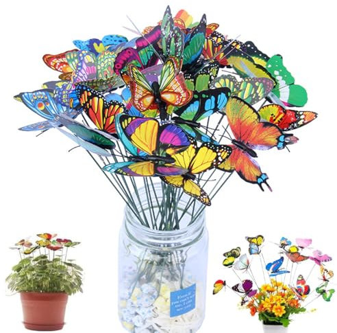OUDQFCJ 50 pièces Papillons à double aile pour décoration jardin, patio, fêtes, plantes, cour extérieure, deco jardin, avec bâtonnets en PVC multicolore résistant et imperméable