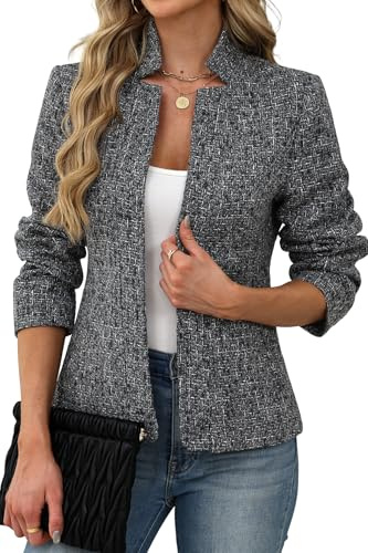 ELLEVEN Womens Blazer Business Casual Suit Jacket Tweed Blazers for Women Slim Fit Fitted Long Sleeve Stand Collar Blazer Dressy Full Lining Coat Cardigan with Padded Shoulder Grey Medium