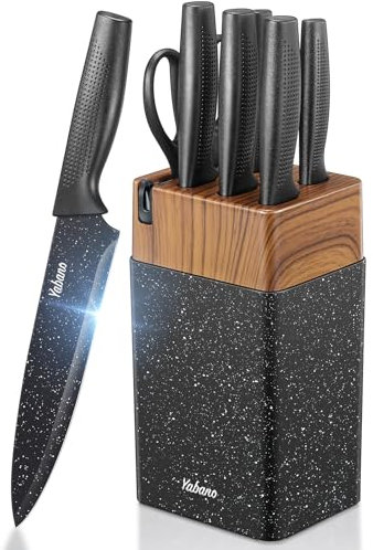 Messerblock Set, Yabano 7 teiliges Scharfes Messer Set für Küche, Antihaft Rutschfestes Edelstahl-Kochmesser-Set mit Selbstschärfender Messerblock (Weiß)