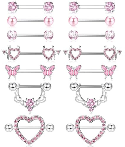 DAVBNM 7 Pairs Nipple Piercing Jewellery, 14G Nipple Bars, Bar Piercing Tongue Bar Nipple Bar, Surgical Steel Nipple Jewellery Body Piercing for Women（Pink）