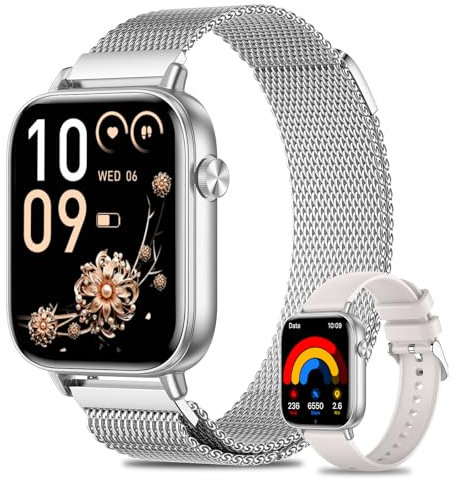 Fitonme Smartwatch Damen, 1.83 Zoll HD-Display Smart Watch mit Telefonfunktion, 100+ Sportmodi Fitness Tracker mit Herzfrequenz SpO2 Schlafmonitor, IP68 Wasserdicht Fitnessuhr für Android iOS Silber