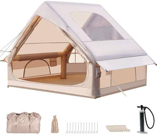 Tenda da campeggio gonfiabile con pompa, 300 x 210 x 200 cm, tenda gonfiabile con apertura camino e finestra del tetto, tessuto Oxford impermeabile tenda gonfiabile per 5-6 persone, 4 stagioni