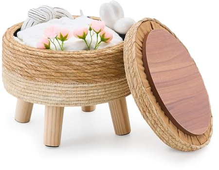 Cpintltr Storage Ottoman Poufs Handwoven Footstool Natural Seagrass Round Footrest Stool with 4 Wood Legs Soft Padded Outdoor Seat for Hallway Lounge Bedroom Garden