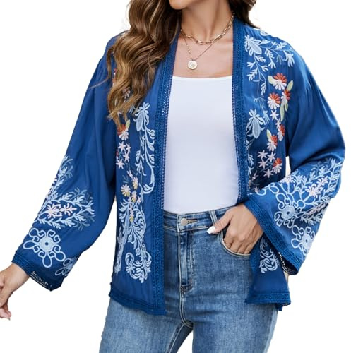 Vakakado Cardigan kimono brodé pour femme - Manches longues - Léger - Boho - Jeté d'été avec broderie florale - Cardigan ethnique de plage, 3XL