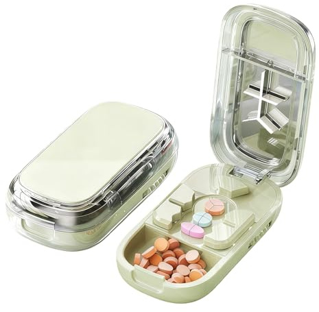 Portabel 3-i-1 Tablettdelare för Små Tabletter, Justerbar Pillerkutter Delar i 1/2 1/3 1/4, Skär & Förvaringssystem för Medicin åt Äldre, Barn, Husdjur, Resa (Grön)