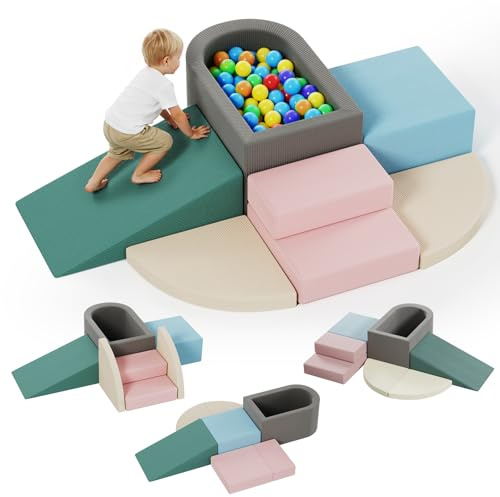 Set di 7 Costruzioni Morbide per Bambini, Set da Gioco Blocchi Morbidi in Schiuma, Blocchi in Schiuma per Arrampicarsi con Piscina di Palline, Giocattoli Montessori per Soggiorno, Cameretta e Asilo