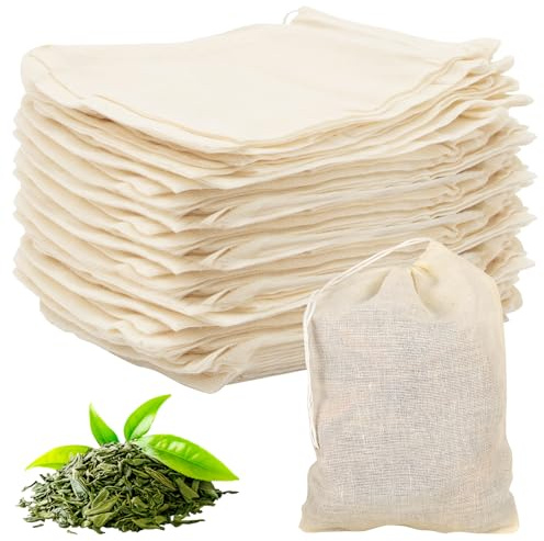BORISCA 60 PCS Muslin Spice Bags for Cooking Cotton 100%, 8×10cm/4×3in Reusable Tea Filter Bags with Drawstring for Coffee, Pho Soup & HerbsSoup, Spices, Muslin Drawstring Bag