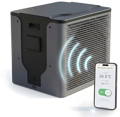 poolomio® Mini pompe à chaleur pour piscine 3 kW avec contrôle par application WiFi - Chauffage efficace de piscine COP 4,84 pour piscines hors-sol et petites piscines jusqu'à 20 000 litres - Raccord