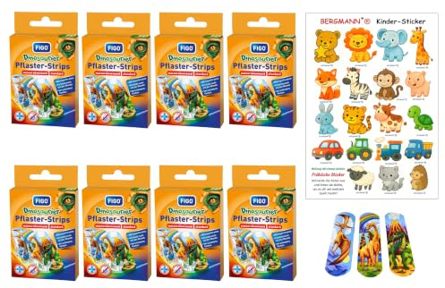 Bergmann® Lot de 80 pansements pour enfants avec motifs FIGO, dinosaures, autocollants pour filles et garçons, testés cliniquement, imperméables, bandes colorées, autocollants, cadeau d'anniversaire