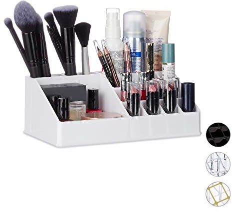 Relaxdays Kosmetik-Organizer aus Acryl, Kleiner Make Up Organizer mit 16 Fächern für Schminke & Lippenstift-Halter, weiß